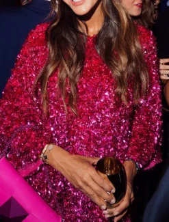 A-Line Homecoming Dresses Sparkle & Shine Dress Graduation Cocktail Party Short / Mini Long Sleeve Jewel Neck Barbiecore Sequined with Sequin