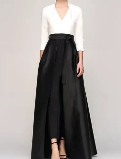 A-Line Jumpsuit / Pantsuit Mother of the Bride Black and White Elegant Simple Minimalist V Neck Floor Length Ankle Length Satin Sleeveless 3/4 Length Sleeve with Sash / Ribbon