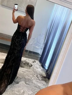 A-Line Mermaid Evening Gown Open Back Dress Graduation Prom Sweep / Brush Train Sleeveless Sweetheart Wednesday Addams Family Lace Backless with Glitter Slit Appliques Masquerade Dress