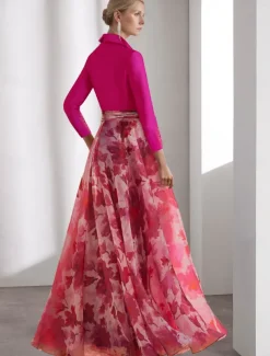 A-Line Mother of the Bride Dress Tuxedo Dress Beach Wedding Elegant Shirt Collar Floor Length Chiffon 3/4 Length Sleeve with Flower Race Day Dress Wedding Guest Dress