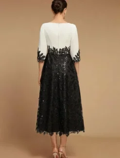 A-Line Mother of the Bride Dress Wedding Guest Elegant Vintage Jewel Neck Tea Length Lace Half Sleeve with Lace Color Block free custom size