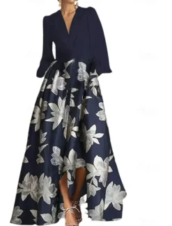 A-Line Mother of the Bride Dress Elegant Vintage V Neck Floor Length Charmeuse Long Sleeve with Sash / Ribbon Race Day Dress Wedding Guest Dress