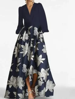 A-Line Mother of the Bride Dress Elegant Vintage V Neck Floor Length Charmeuse Long Sleeve with Sash / Ribbon Race Day Dress Wedding Guest Dress