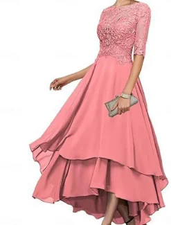 A-Line Mother of the Bride Dress Elegant Simple Boat Neck Asymmetrical Polyester Half Sleeve with Solid Color