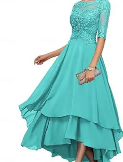 A-Line Mother of the Bride Dress Elegant Simple Boat Neck Asymmetrical Polyester Half Sleeve with Solid Color