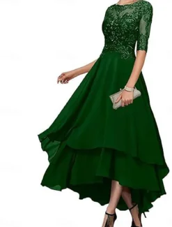 A-Line Mother of the Bride Dress Elegant Simple Boat Neck Asymmetrical Polyester Half Sleeve with Solid Color