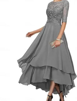 A-Line Mother of the Bride Dress Elegant Simple Boat Neck Asymmetrical Polyester Half Sleeve with Solid Color