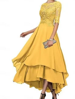 A-Line Mother of the Bride Dress Elegant Simple Boat Neck Asymmetrical Polyester Half Sleeve with Solid Color