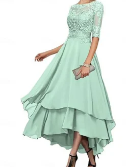 A-Line Mother of the Bride Dress Elegant Simple Boat Neck Asymmetrical Polyester Half Sleeve with Solid Color