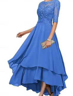 A-Line Mother of the Bride Dress Elegant Simple Boat Neck Asymmetrical Polyester Half Sleeve with Solid Color