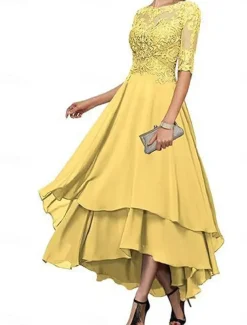 A-Line Mother of the Bride Dress Elegant Simple Boat Neck Asymmetrical Polyester Half Sleeve with Solid Color