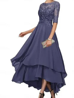 A-Line Mother of the Bride Dress Elegant Simple Boat Neck Asymmetrical Polyester Half Sleeve with Solid Color