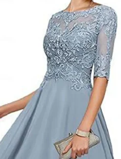 A-Line Mother of the Bride Dress Elegant Simple Boat Neck Asymmetrical Polyester Half Sleeve with Solid Color