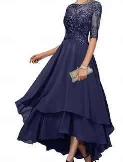 A-Line Mother of the Bride Dress Elegant Simple Boat Neck Asymmetrical Polyester Half Sleeve with Solid Color