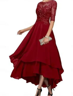 A-Line Mother of the Bride Dress Elegant Simple Boat Neck Asymmetrical Polyester Half Sleeve with Solid Color