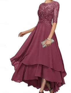 A-Line Mother of the Bride Dress Elegant Simple Boat Neck Asymmetrical Polyester Half Sleeve with Solid Color
