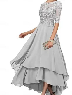 A-Line Mother of the Bride Dress Elegant Simple Boat Neck Asymmetrical Polyester Half Sleeve with Solid Color