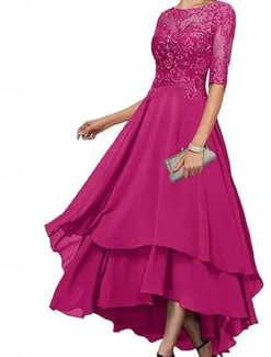 A-Line Mother of the Bride Dress Elegant Simple Boat Neck Asymmetrical Polyester Half Sleeve with Solid Color