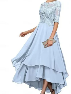 A-Line Mother of the Bride Dress Elegant Simple Boat Neck Asymmetrical Polyester Half Sleeve with Solid Color