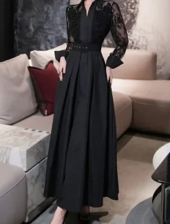 A-Line Mother of the Bride Dress Elegant Shirt Collar Ankle Length Polyester Long Sleeve with Lace Sash / Ribbon