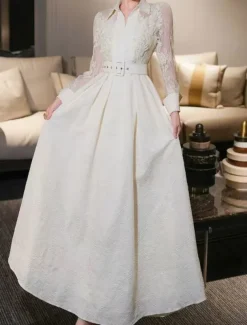 A-Line Mother of the Bride Dress Elegant Shirt Collar Ankle Length Polyester Long Sleeve with Lace Sash / Ribbon