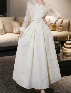 A-Line Mother of the Bride Dress Elegant Shirt Collar Ankle Length Polyester Long Sleeve with Lace Sash / Ribbon