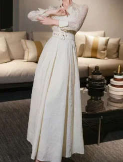 A-Line Mother of the Bride Dress Elegant Shirt Collar Ankle Length Polyester Long Sleeve with Lace Sash / Ribbon