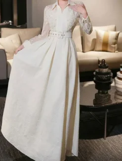 A-Line Mother of the Bride Dress Elegant Shirt Collar Ankle Length Polyester Long Sleeve with Lace Sash / Ribbon