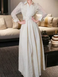 A-Line Mother of the Bride Dress Elegant Shirt Collar Ankle Length Polyester Long Sleeve with Lace Sash / Ribbon