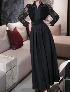 A-Line Mother of the Bride Dress Elegant Shirt Collar Ankle Length Polyester Long Sleeve with Lace Sash / Ribbon