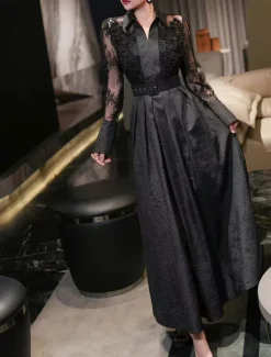 A-Line Mother of the Bride Dress Elegant Shirt Collar Ankle Length Polyester Long Sleeve with Lace Sash / Ribbon