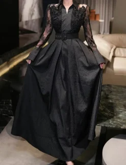 A-Line Mother of the Bride Dress Elegant Shirt Collar Ankle Length Polyester Long Sleeve with Lace Sash / Ribbon