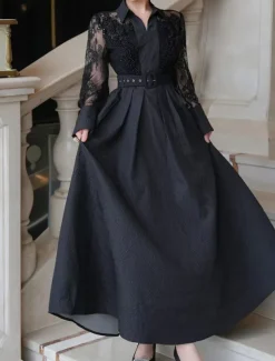A-Line Mother of the Bride Dress Elegant Shirt Collar Ankle Length Polyester Long Sleeve with Lace Sash / Ribbon