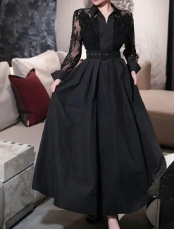 A-Line Mother of the Bride Dress Elegant Shirt Collar Ankle Length Polyester Long Sleeve with Lace Sash / Ribbon