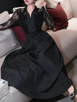 A-Line Mother of the Bride Dress Elegant Shirt Collar Ankle Length Polyester Long Sleeve with Lace Sash / Ribbon