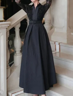 A-Line Mother of the Bride Dress Elegant Shirt Collar Ankle Length Polyester Long Sleeve with Lace Sash / Ribbon