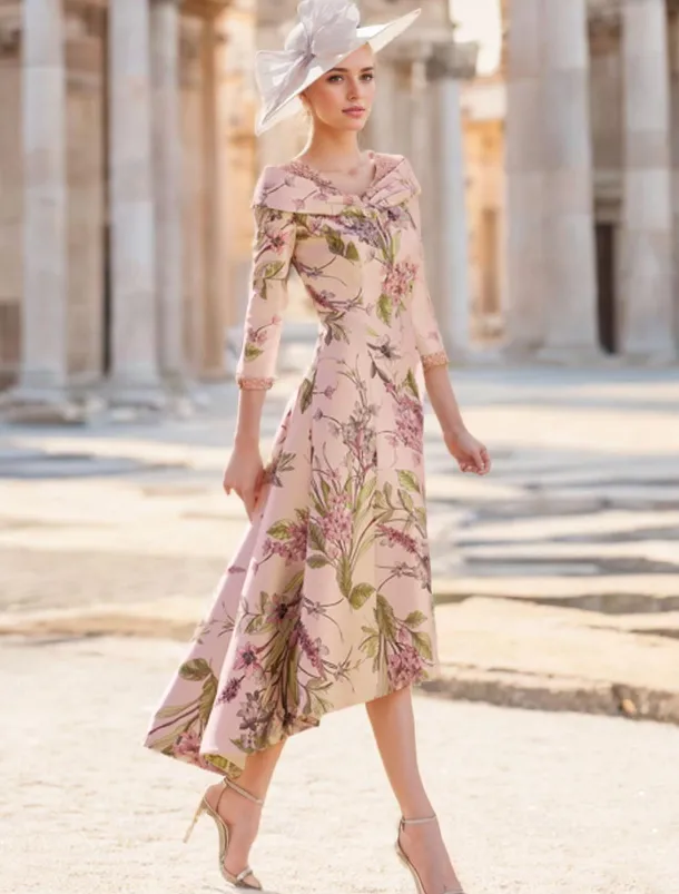 A-Line Mother of the Bride Dress Wedding Guest Elegant Vintage V Neck Ankle Length Satin Short Sleeve with Flower Race Day Dress Wedding Guest Dress free custom size