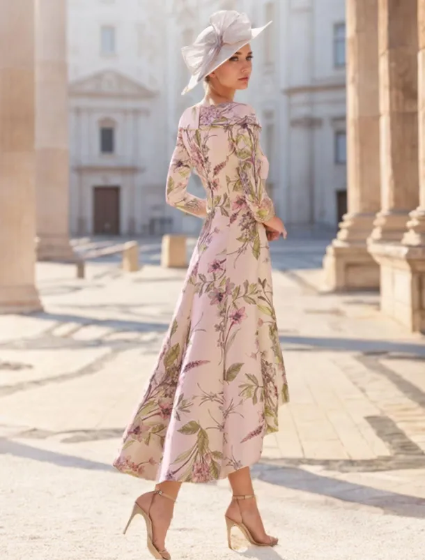 A-Line Mother of the Bride Dress Wedding Guest Elegant Vintage V Neck Ankle Length Satin Short Sleeve with Flower Race Day Dress Wedding Guest Dress free custom size
