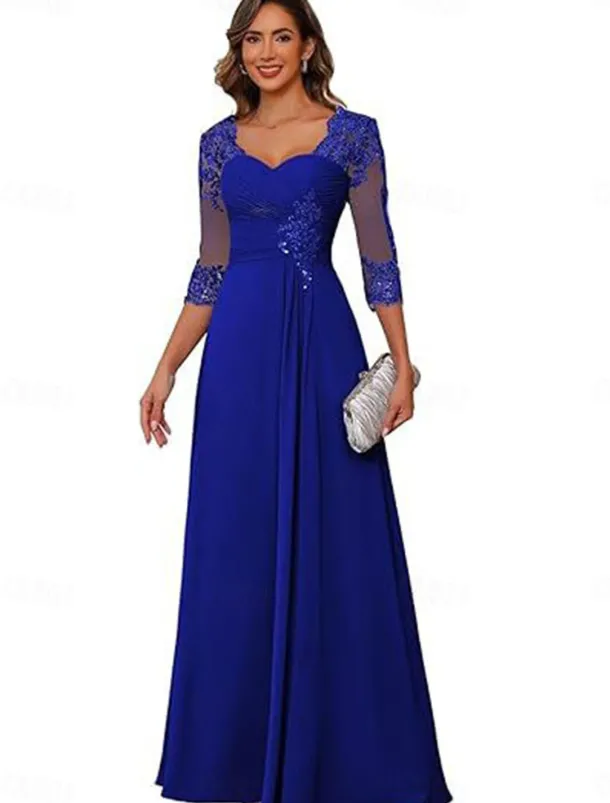 A-Line Mother of the Bride Dress Elegant Simple V Neck Floor Length Chiffon 3/4 Length Sleeve with Solid Color