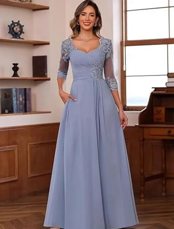 A-Line Mother of the Bride Dress Elegant Simple V Neck Floor Length Chiffon 3/4 Length Sleeve with Solid Color