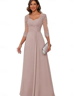 A-Line Mother of the Bride Dress Elegant Simple V Neck Floor Length Chiffon 3/4 Length Sleeve with Solid Color