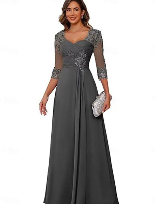 A-Line Mother of the Bride Dress Elegant Simple V Neck Floor Length Chiffon 3/4 Length Sleeve with Solid Color