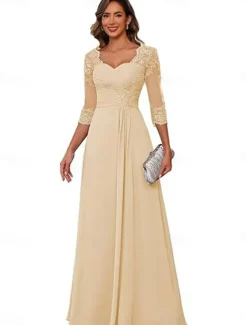 A-Line Mother of the Bride Dress Elegant Simple V Neck Floor Length Chiffon 3/4 Length Sleeve with Solid Color