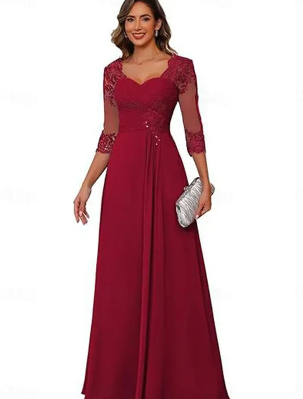 A-Line Mother of the Bride Dress Elegant Simple V Neck Floor Length Chiffon 3/4 Length Sleeve with Solid Color
