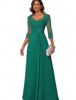 A-Line Mother of the Bride Dress Elegant Simple V Neck Floor Length Chiffon 3/4 Length Sleeve with Solid Color