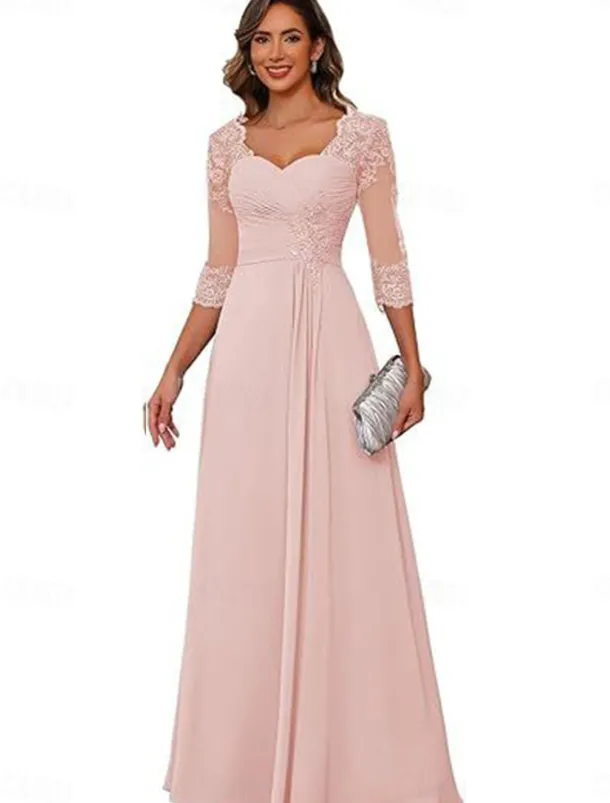 A-Line Mother of the Bride Dress Elegant Simple V Neck Floor Length Chiffon 3/4 Length Sleeve with Solid Color