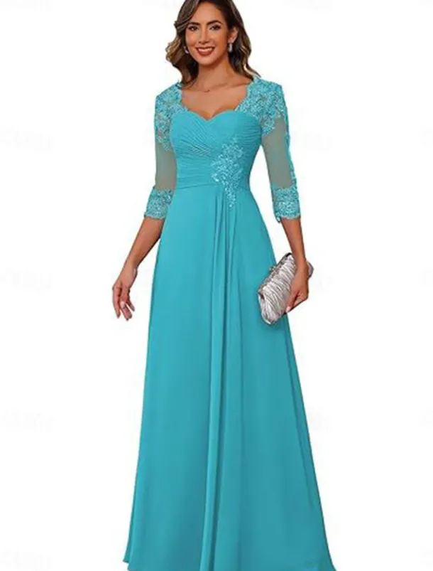 A-Line Mother of the Bride Dress Elegant Simple V Neck Floor Length Chiffon 3/4 Length Sleeve with Solid Color