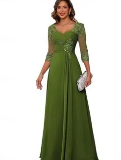 A-Line Mother of the Bride Dress Elegant Simple V Neck Floor Length Chiffon 3/4 Length Sleeve with Solid Color
