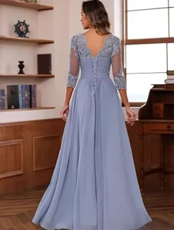 A-Line Mother of the Bride Dress Elegant Simple V Neck Floor Length Chiffon 3/4 Length Sleeve with Solid Color