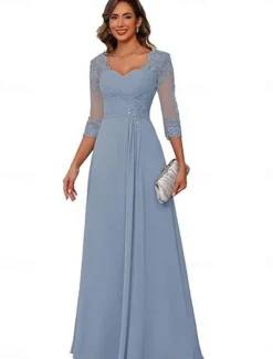A-Line Mother of the Bride Dress Elegant Simple V Neck Floor Length Chiffon 3/4 Length Sleeve with Solid Color